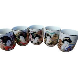 Vintage Tea Cup Japanese Geisha Porcelain Wine Tumbler Gold Accents Set of 5